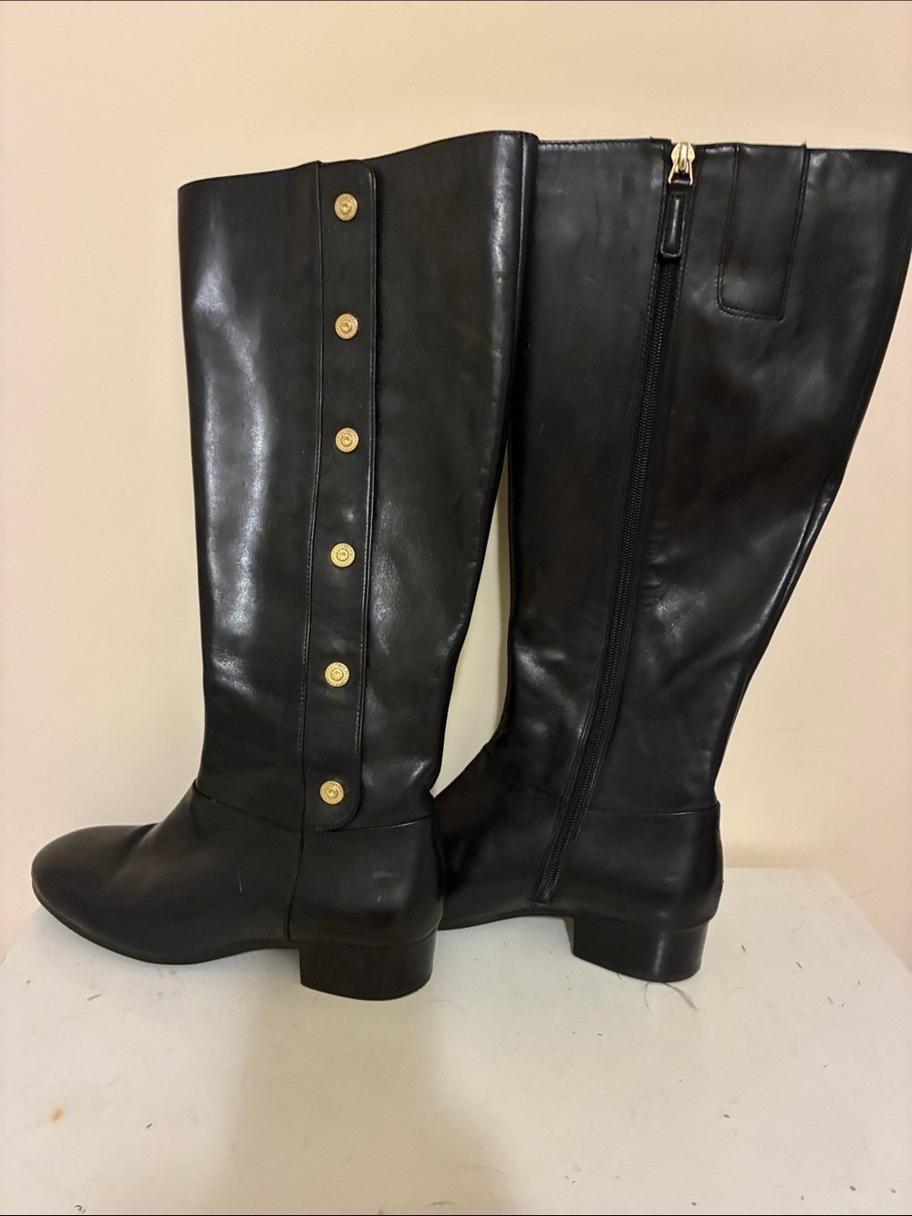 Nine West Black Leather Over-the-Knee Boots with Gold Button Trim
